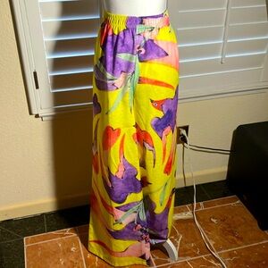 🦜💛Bright Yellow, Purple & Coral Palazzo Pants W/Parrot Tropical Print Size XL